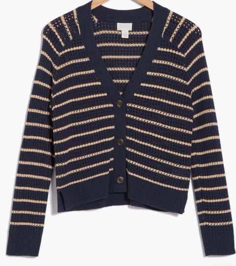 plus size blue and tan striped button up cropped knitted cardigan with v neckline and long sleeves