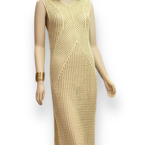 Sleeveless V Neck Crochet Beach Dress Tan Pullover Cover Ups