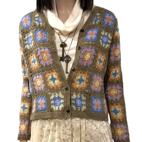 button down granny stitch crochet knitted cardigan tan base with multicolor floral granny squares v neck long sleeve lightweight boho y2k sweater
