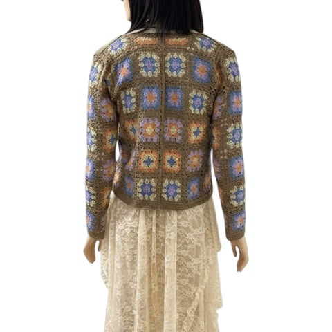 button down granny stitch crochet knitted cardigan tan base with multicolor floral granny squares v neck long sleeve lightweight boho y2k sweater