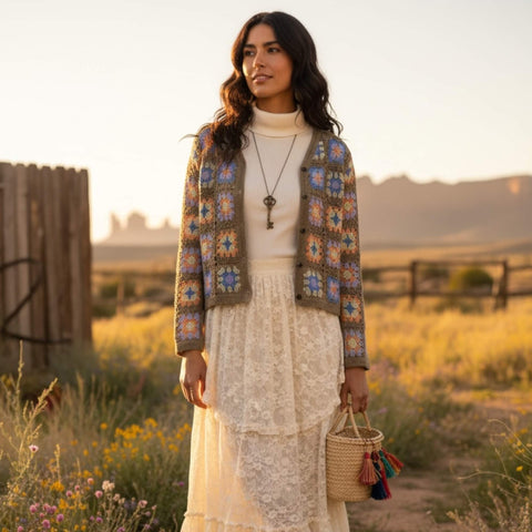 button down granny stitch crochet knitted cardigan tan base with multicolor floral granny squares v neck long sleeve lightweight boho y2k sweater