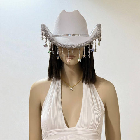 white tassel stars cowboy hat with curved taco brim front view