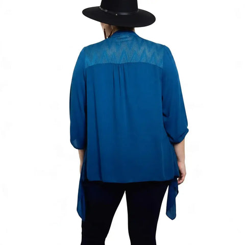 Teal Blue Open Draped Front Cardigan with cascading hem, textured Ikat shoulders and elastic cuffs, plus sizes  back view 