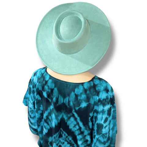 Stylish Round Crown Wide Brim Fedora  Teal Blue Suede Textured Hat