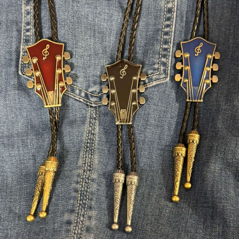 Country Music Guitar Leather Bolo necktie with adjustable slider and braided faux leather rope in black silver, red gold, or blue gold