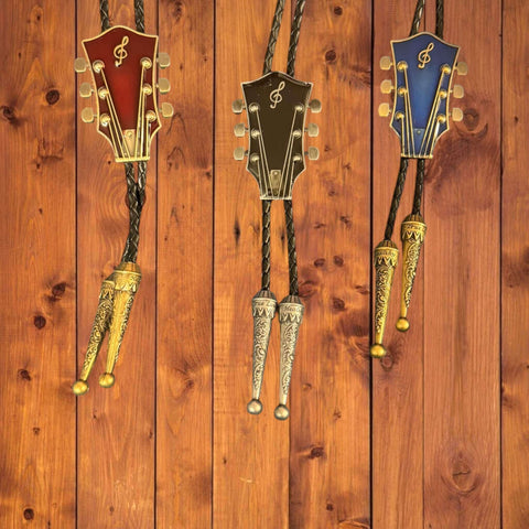 Country Music Guitar Leather Bolo necktie with adjustable slider and braided faux leather rope in black silver, red gold, or blue gold
