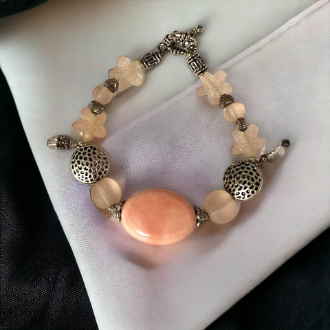 Handcrafted Antique Silver Peach Stone Toggle Bracelet - Wild Time Fashion