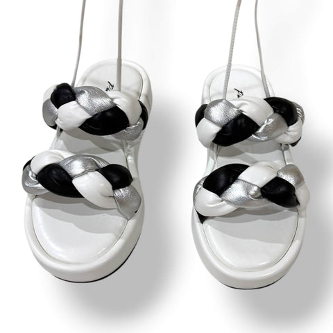 Tri Color Chunky Padded Braided Lace Up Sandals with black silver white straps and ankle ties women's size 8 or 9