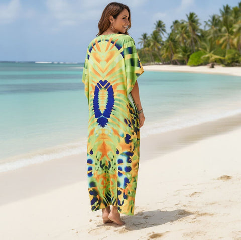 model wear yellow blue tribal print kaftan dress beach cover up back view