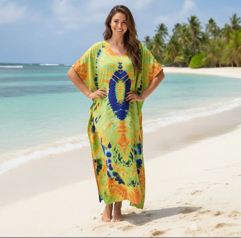 model wear yellow blue tribal print kaftan dress beach cover up