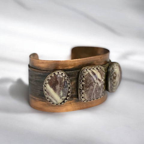 Three Stone Wild Horse Jasper Wide Cuff Bracelet with Sterling Silver and Hand-Hammered Black Matte Copper Base