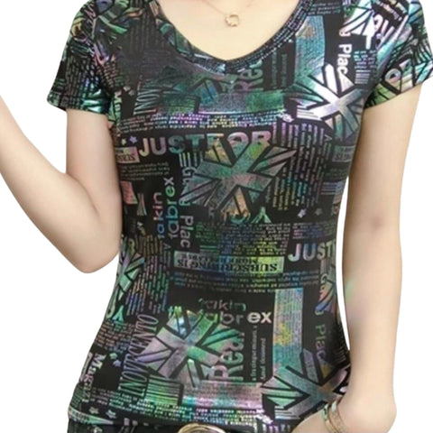 V Neck Short Sleeve Holographic Shirt- Wild Time Fashion