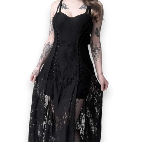 Black Lace-Up Corset Overlay Dress - Wild Time Fashion