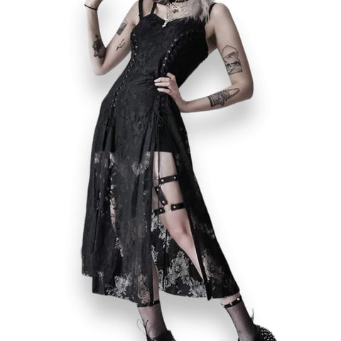 Black Lace-Up Corset Overlay Dress - Wild Time Fashion