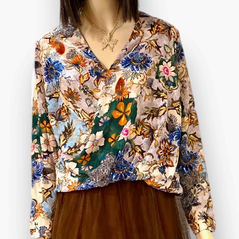 V Neck Long Sleeve Blooming Floral Blouse - Wild Time Fashion