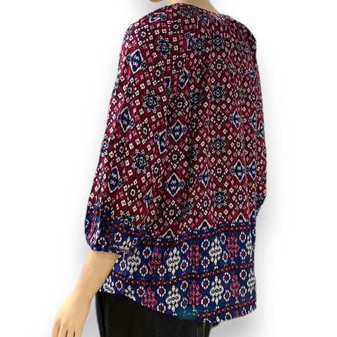 Navy Ikat Boho-Chic Pullover Blouse- Wild Time Fashion