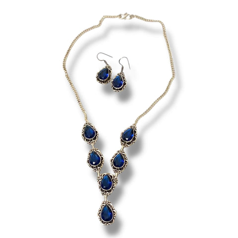 Victorian sterling silver Y necklace with dark royal blue pear crystals and matching drop earrings