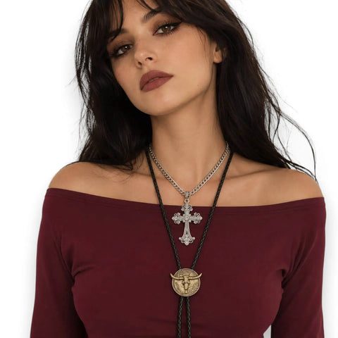 Victorian Goth Silver Cross Necklace with rhinestone pendant and chunky chain gold bolo tie on woman