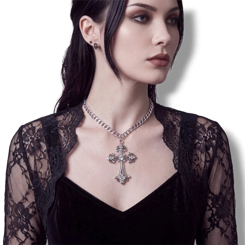 Victorian Goth Silver Cross Necklace w/ black lace outfit