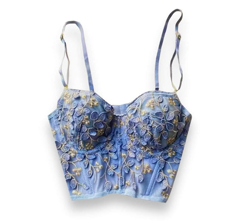 Vintage Blue Floral Gold Corset Bralette Crop Top