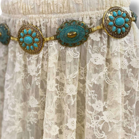 Wild West gold turquoise metal concho belt with oval and round patina links and turquoise stones