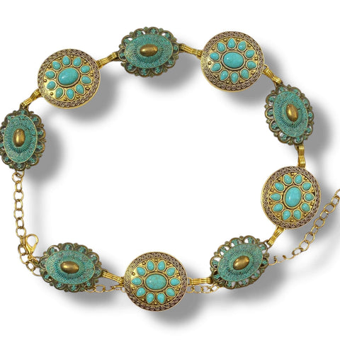 Wild West gold turquoise metal concho belt with oval and round patina links and turquoise stones, styled