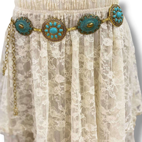 Wild West gold turquoise metal concho belt with oval and round patina links and turquoise stones