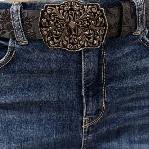 Western Goth Black Floral Cross Buckle Waist Belt in red and black – faux leather statement belt for cowgirl, punk, and gothic outfits