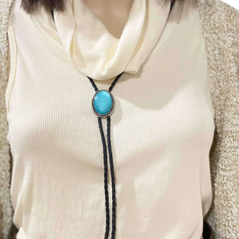 Western Antique Silver Stone Bolo Tie - Silver/blue / Adults / Stone Bolo Tie - Bolo Ties