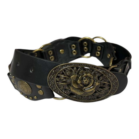 Western floral buckle medallion wide belt in brown or black vegan leather with antique gold studs rivets and O-rings, adjustable buckle closure, 1 3/8 inch strap width