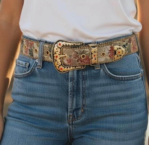 Floral Gold Oversized Buckle Western Belt in beige or blue with beaded trim, engraved buckle, and crystal keeper