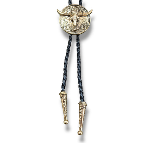 Western Gothic Longhorn Skull Bolo Tie Gold or Silver 