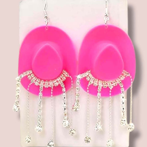Wild West Glam Cowgirl Hat Earrings fish hook pink or white with rhinestone fringe dangle western disco style