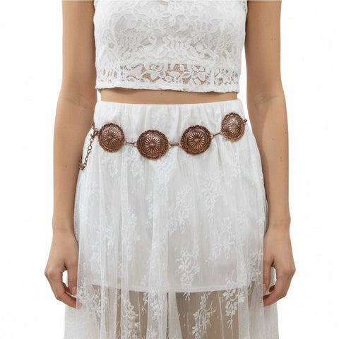 Western Round Floral Metal Chain Belt in rustic antique copper with raised concho medallions and adjustable clasp