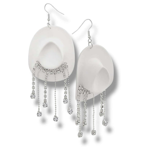 Wild West Glam Cowgirl Hat Earrings fish hook pink or white with rhinestone fringe dangle western disco style
