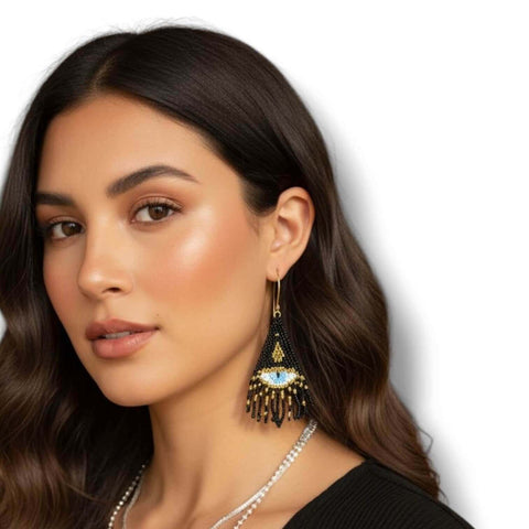 Handmade Evil Eye Beaded Fringe Earrings, black long shoulder duster style with gold hypoallergenic V-wire hooks