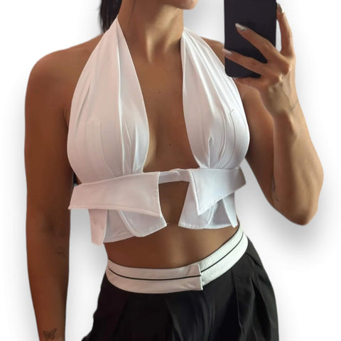 White Cut Out Backless Halter Tops -Wild Time Fashion