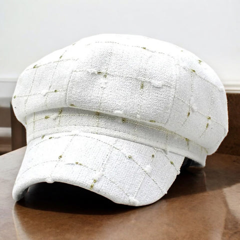 White Gold Plaid Tweed Newsboy Cap