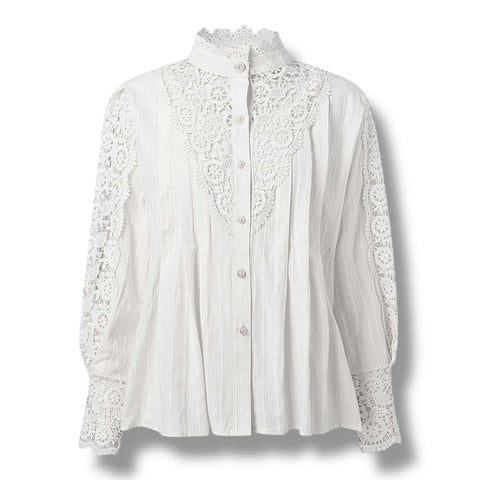 Victorian white lace button up blouse with frill collar gold pearl buttons and lantern sleeves