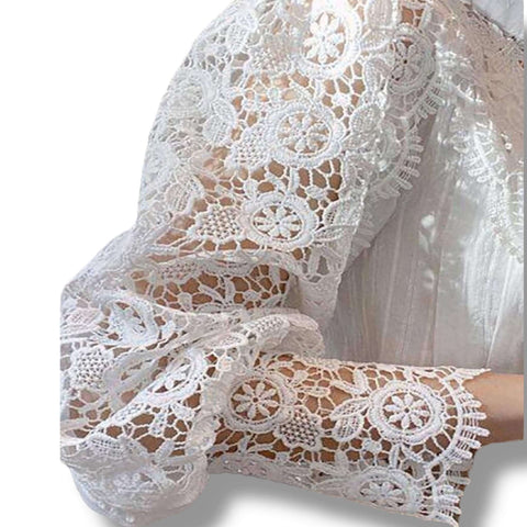 Victorian white lace button up blouse with frill collar gold pearl buttons and lantern sleeves