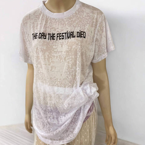 Festival White Burnout Graphic Tee Model wearing white burnout relaxed fit t-shirt