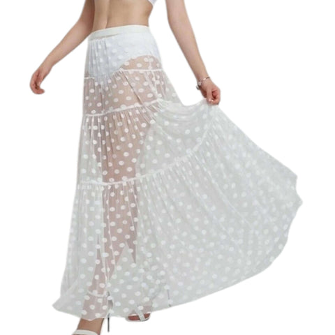 High waist mesh polka dot maxi skirt see through with elastic waistband, shown in black or white, festival-ready A-line layering skirt