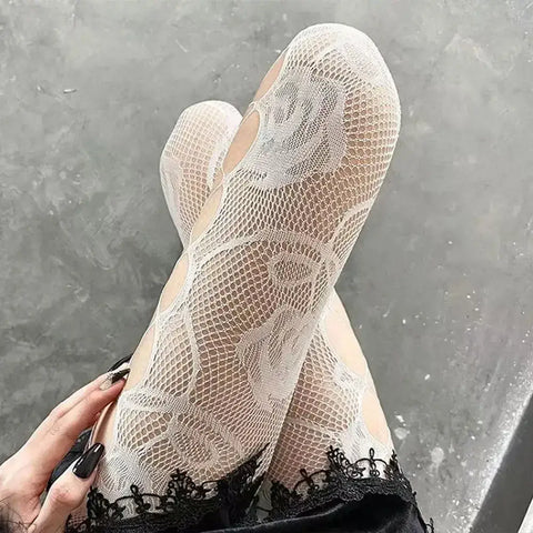 White Split Rose Fishnet Tights