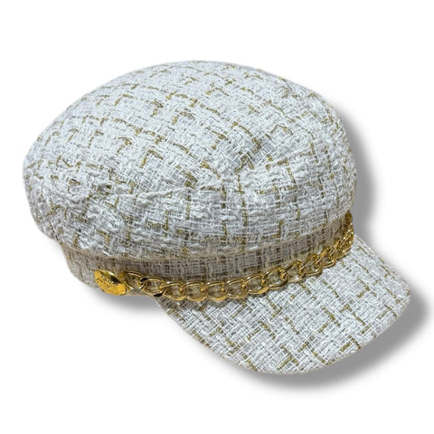 Tweed Gold Button Baker Boy Hat with gold chain trim and captain-style buttons, structured curved brim, vintage-inspired street chic design