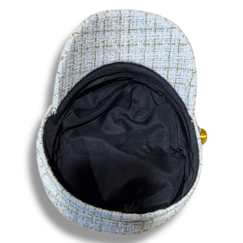Tweed Gold Button Baker Boy Hat with gold chain trim and captain-style buttons, structured curved brim, vintage-inspired street chic design