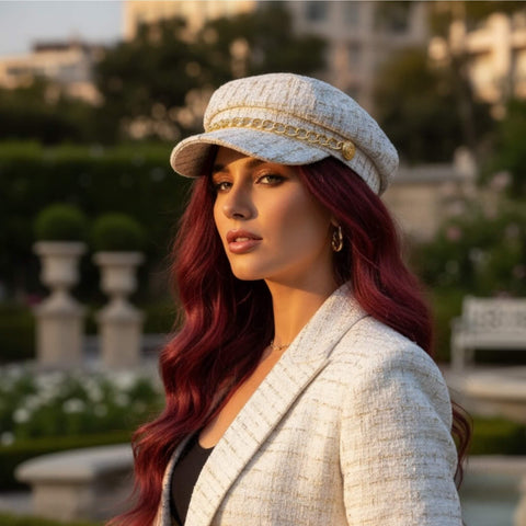 Tweed Gold Button Baker Boy Hat with gold chain trim and captain-style buttons, structured curved brim, vintage-inspired street chic design