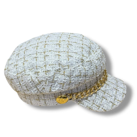 Tweed Gold Button Baker Boy Hat with gold chain trim and captain-style buttons, structured curved brim, vintage-inspired street chic design