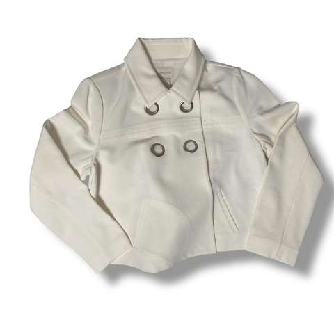 Women's white tweed blazer jacket with silver cut-out O-ring buttons, angled front pockets, fold-down collar, and structured tailored fit—elegant spring-to-fall layer.