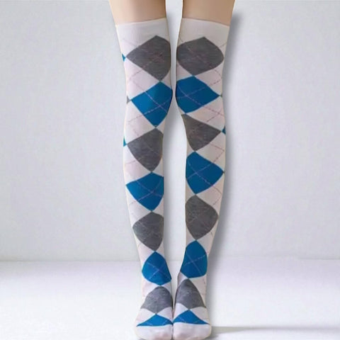thigh high argyle socks white pink grey blue color way front view