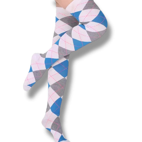 thigh high argyle socks white pink grey blue colorway